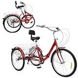 LEEAMHOME 24 Zoll Dreirad für Erwachsene, 7 Gang Dreirad Fahrrad Outdoor-Dreirad für Erwachsene, 3-Rad Erwachsene Dreirad mit Einkaufskorb und Rückenlehne, Senioren Dreirad Faltbares (Rot)
