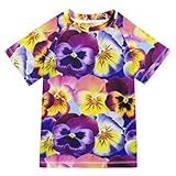 Buntes Stiefmütterchen-Blumen-Badeshirt für Kinder, kurzärmelig, schnelltrocknend, UV-Schutz, Sonnenshirt für Jungen, Rashguard-Shirts, Bunte Stiefmütterchen-Blumen, 11-12 Jahre
