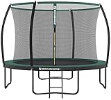 SONGMICS Trampolin Ø 305 cm, Gartentrampolin für Kinder mit Sicherheitsnetz, 180 cm hohe gebogene Stangen, Randabdeckung, Leiter, Stahlrahmen, TÜV Rheinland GS-Zertifikat, schwarz-dunkelgrün STR102C01