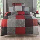 Bettwäsche 135x200 2 teilig - Mikrofaser Bettbezug 135x200 cm + Kissenbezug 80x80 cm - atmungsaktiver Stoff mit Reißverschluss - für Einzelbett - modernes Karo Design Rot