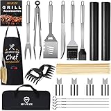 MUJUZE Grill Zubehör Set,Grillset für Männer Papa Geschenk,Grillbesteck Set aus Edelstahl im Koffer,Gasgrill zubehör Set,Grillzubehör BBQ für Garten und Camping(BBQ Set mit Grillschürze)