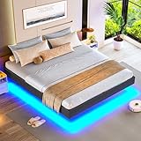 Brinlawb Bett 180x200 cm mit LED Beleuchtung Bettgestell 180x200cm mit Holzlatten und Metallrahmen bieten hervorragenden Halt, Bettrahmen 180x200 Floating Bed Frame Leichte Montage,Grau(ohne matratze)