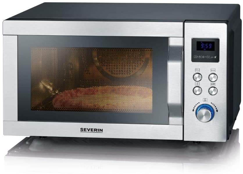 SEVERIN 4-in-1 Mikrowelle mit Doppelgrill, Minibackofen mit Pizza-Express Funktion, Mikrowelle mit Grill und Heißluftfunktion bis zu 230 °C, Edelstahl / schwarz-matt, MW 7759