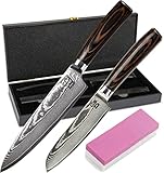 Zeuß Damastmesser-Set 2er (32 cm und 24 cm) Profi-Damast-Küchenmesser aus echtem 67 Lagen Damaststahl I mit Chefmesser, Santoku Messer, Pakka Holzgriff und Schleifstein