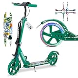Arebos Cityroller Tretroller Grün höhenverstellbar | klappbar | inkl. Tragegurt | LED Räder | Hand-Tritt-Bremse | Front-Heckfederung | Kinder & Erwachsene | 100kg belastbar | Kickroller | Kickscooter