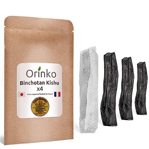 Orinko Kishu Bio Binchotan 4 x (100 g, 25 g x 4) | Ubame Eiche – Echte Aktivkohle aus Japan (Wakayama) für Wasserreinigung in Karaffe