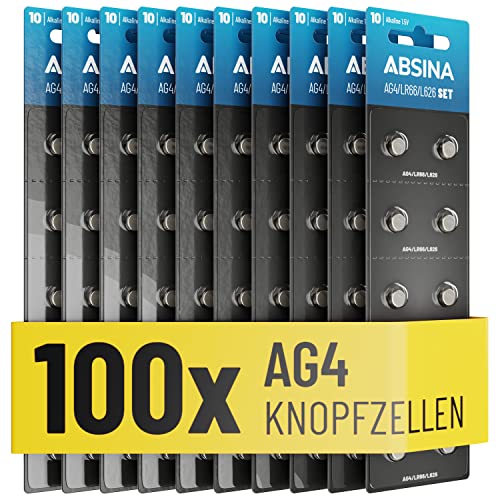 ABSINA AG4 LR66 Knopfzelle 100er Pack - 1,5V Alkaline Knopfzellen auslaufsicher & mit Langer Haltbarkeit - SG4 / V4GA / G4A / 4GA / L626 / LR626 - Knopfbatterien Batterien Batterie Uhrenbatterien