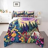 Happy Camping Bettdecken-Set, Aquarell, Wildblumen, für den Außenbereich, Kiefern, Bettwäsche, Heimdekoration, lila, gelb, blau, grün, Steppdecke, Queen-Size-Größe, 3-teilig, gestepptes Bettwäsche-Set