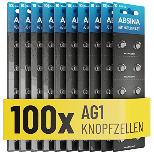 ABSINA AG1 LR621 Knopfzelle 100er Pack - 1,5V Alkaline Knopfzellen auslaufsicher & mit Langer Haltbarkeit - LR60 / SR60 / 1175S0 / 164/602 / 364 / V30 / SR621 - Knopfbatterien Batterien Batterie