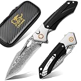 LOTHAR LICH KING Klappmesser, Scharfe Damast Stahl Taschenmesser, Einhandmesser mit G10 Griff, Button Lock Outdoor Messer, Survival Messer