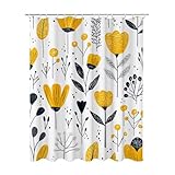 200x200 cm Duschvorhang Gelb Shower Curtains mit 12 Duschrollo Haken, Duschrollo für Badewanne Beschwerter Saum Waschbar Polyester Stoff Extra Lang für Badezimmer, Geschenke für Frauen (Blume) P-17