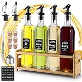 elagel Essig Und ÖLflaschen Set(4 * 500ml), ÖL Und Essigspender Mit Holzständer, Ölflasche mit Ausgießer, Spenderflasche, Oil Bottle mit Etikett Und Korken