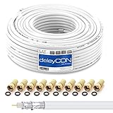 deleyCON HQ 30m SAT Koaxial Kabel 130dB - 4-fach geschirmt für DVB-S - S2 DVB-T und DVB-C - Stahl/Kupfer Innenleiter - 4K 1080p FULL HD HDTV - inkl. 10x vergoldete F-Stecker