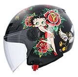 Motorradhelm Jethelm Herren mit ECE-Zulassung, La Betty Helm, Schwarz, Größe M (57/58)