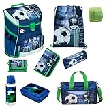 Familando Jungen Schulranzen 1. Klasse · Scooli Campus Fit Schultasche · ergonomisch & leicht · Schulranzen Set für Jungs und Mädchen (9-teiliges Set mit Sporttasche, Fußball Blau)