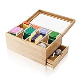 Amazy Bambus Teebox für Teebeutel (extra groß) - 31 x 19 x 14,5cm - Dekorative hölzerne Teeaufbewahrungsboxen für Teebeutel mit 8 verstellbaren Unterteilungen und Schubladen