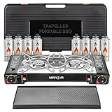 Mianova Campingkocher Outdoor Doppel Gaskocher BBQ Notfallkocher Grill Gaskartuschen Gas Camping Kocher Herd 2 flammig Set Grillplatte Koffer 8 Gasflaschen
