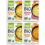 NATUCO 4er Pack Bio Suppen: Buchstabensuppe, Hühnersuppe, Frühlingssuppe, Zwiebelsuppe - Instant Nudeln perfekt für jeden Tag - Schnelle Gerichte zum essen Zuhause oder im Büro