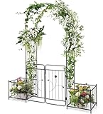 COSTWAY Rosenbogen mit Tür, Gartenbogen Metall, Torbogen mit 2 Pflanzgefäßen, Rankbogen für Kletterpflanzen, Rankhilfe Rankgitter Rosenspalier, für Hochzeit Partys Garten, Schwarz, 202x50x220cm