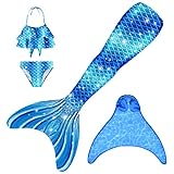 FOLOEO Meerjungfrauenflosse Mädchen Meerjungfrau Flosse Badeanzug Kinder zum Schwimmen mit Monoflosse und Bikini Set für Kinder, 4 Stück Set