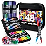 Zenacolor 48 Acrylstifte für Steine wasserfest mit Doppelspitze (feine Spitze und Pinsel) - Acrylstifte verschiedene Oberflächen - Multimarker Acryl mit einer Tasche
