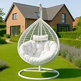 2mGoods Luxuriöser Hängesessel mit Gestell inkl. allergikerfreundlichem Kissen - Hängestuhl mit platzsparender runder Basis, ideal für kleinere Räume Indoor und Outdoor (Durchmesser 3mm Rattan-Weiß)