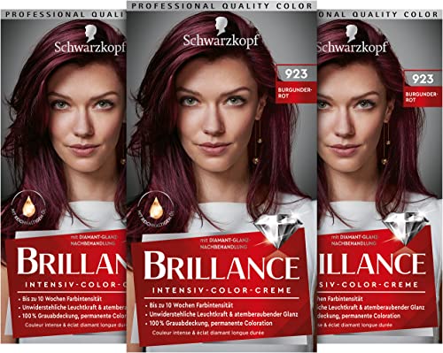 Brillance Intensiv-Color-Creme 923 Burgunderrot Stufe 3 (3 x 160 ml), dauerhafte Haarfarbe mit Diamant-Glanz-Effekt & Pflege-Conditioner, 10 Wochen Farbintensität