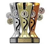 Pokal-Fabrik.de - Pokale 3er Set mit Gravur Wunschtext in Gold, Silber und Bronze - personalisierte Trophäe mit Sport Emblem nach Wahl - 15,5 cm inkl. Marmorsockel - Geschenk-Trophäe | Pokal Kinder