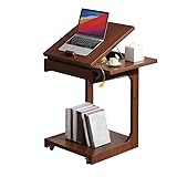 FARRINGTON Höhenverstellbarer C-förmiger Beistelltisch, 60x40x52 cm, 5 Neigungsstufen, Rollbar, Massivholz Braun