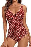 VILOREE Damen Monokini Bauchweg Schlankheits Badeanzug Plus Size Badebekleidung Bauchweg für Mollige Rot mit blätter Druck L