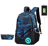SellerFun Modischer Schulranzen-Rucksack für Jungen, 20 l, mit fluoreszierendem Markierung, 3 Sets/2 Sets, USB Colorg 2 Sets, 20, lang