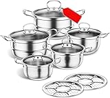 Topfset aus Edelstahl, Großes Kochgeschirr Induktion-Kochtopf-Set, Töpfe mit Glasdeckel und Stielkasserolle, 12-teilig, Töpfe Set Geeignet für alle Herdarten (Silber)