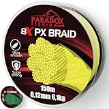 Paradox Fishing 8X PX geflochtene Angelschnur I Chartreuse gelb 150M - 0,12mm - 6,1kg – Angelschnur geflochten- eng geflochten – perfekt zum Spinnfischen