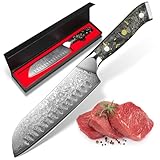 BILLION DUO Küchenmesser Damastmesser Santoku Messer, Echtes Damast Küchenmesser Rasiermesserscharf, 67 Schichten Edelstahlkern, einzigartigem Karbonfaser&Blattgold Handgriff (7Inch Santokumesser)