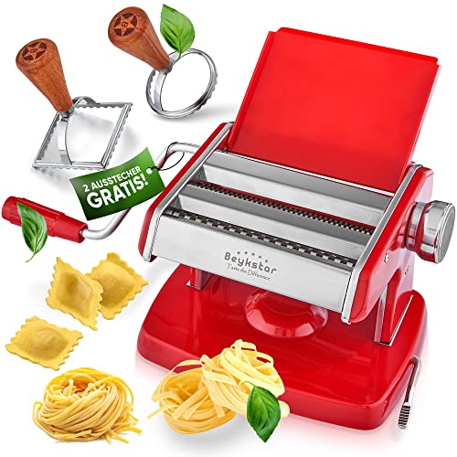 Beykstar Nudelmaschine manuell - Pasta Maker mit [VaccumFix Befestigung] Pasta Maschine für Spaghetti, Lasagne, Ravioli, Tagliatelle - Rot