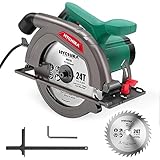 Handkreissäge, 1300W 4500RPM HYCHIKA Kreissäge 185mm, Leistungsstarker Motor, Schnitttiefe 65mm (90º), 45mm (45º), führungsschiene, Staubabsaugung, zum Schneiden von Holz/Kunststoff