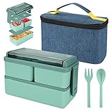 1400 ml Lunchbox mit 3 Fächern - 2 Schicht Leckdosen Bento Box mit isoliertem Beutel und Besteck, Mahlzeitenvorbereitungsbehälter für Erwachsene Kinder Studenten Büro Mikrowelle Safe verfügbar (grün)