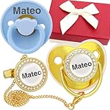 Personalisierbare Schnullerkette mit Textilband, doppelseitiges Design, +0 Monate, Blau (Golden)