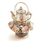 CHANJOON Gold Plated Red Rose Ceramic Tea Set, Vintage Tea Set with Teapot, Beautiful Tea Set Coffee Serving 6 People(Golden, large)