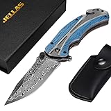 Damast Taschenmesser mit Olivenholzgriff, Klappmesser Damast für Camping, Jagd, Angeln, Wandern, mit Holzgriff & Lederscheide & Geschenkbox (Hellblau)