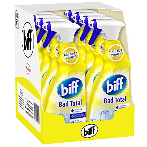 Biff Bad Total Spritzige Zitrone, Badreiniger, 8 x 750 ml, Sprühflasche, für alle Oberflächen und hygienische Sauberkeit