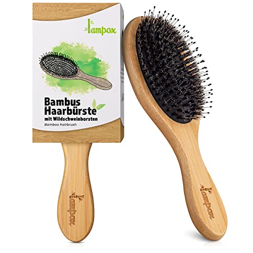 lampox® Bambus Haarbürste mit Wildschweinborsten Kopfmassage Haarpflege, Entwirrbürste für lange Haare & Locken von Damen, Herren & Kinder, Massagebürste für die Kopfhaut, Detangler