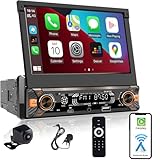Alondy Autoradio 1DIN mit Ausklappbarer Bildschirm(7 Zoll automatisch), Kompatibel mit [Wireless] Apple CarPlay/Android Auto Bluetooth Typ-C USB(3A Schnellladung) AM/FM/RDS Radio Rückfahrkamera AUX