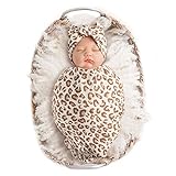Baby-Wickeltuch für Neugeborene, Decke mit Stirnband, Leopardenmuster, Wickeltuch