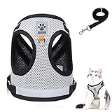Katzenleine Set für Katzen,Polyester Verstellbares Katzen Geschirr mit Leine,Katzen Weste mit Reflektierenden Streifen für Kitten Hunde (Grau, L)