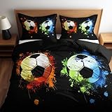 Bettbezug 135 x 200 cm Wendebettwäsche und Kissenbezug 80x80, Sport Bunter FußballBedrucktes Bettwäsche Set, Schwarz Weiche Bettwäsche-Sets mit Reißverschluss