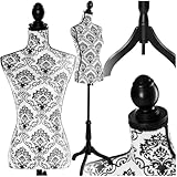 tectake® Schneiderpuppe verstellbar, Schaufensterpuppe weiblich, Damenbüste Mannequin, Büste, Kleiderpuppe, Nähpuppe, Schneiderbüste, Stehpuppe, Kleiderpuppe Damen - Blumenmuster schwarz/weiß