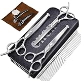 CIICII Hundeschere, Profi 7,5 Zoll Fellschere Hunde Set (Katzen Hundepflege Effilierschere & Gebogene & Gerade Haarschere) für Fellpflege Hund Katze Haustier (9Pcs-Runder Sicherheitsspitze-Silber)