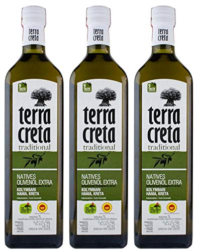 Terra Creta Olivenöl 3x 1,0l | P.D.O. Kolymvari | Extra natives Olivenöl von Kreta | + 1 x 20ml Olivenöl'ElaioGi' aus Griechenland