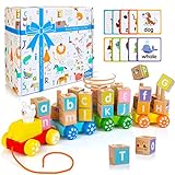 Winique Alphabet Stapelbahn Holzspielzeug, Montessori Spielzeug ab 3 Jahre alte, ABC Bausteine Lernspielzeug für Kleinkinder, Geburtstagsgeschenk für 3 4 5 Jahre alte Jungen Mädchen